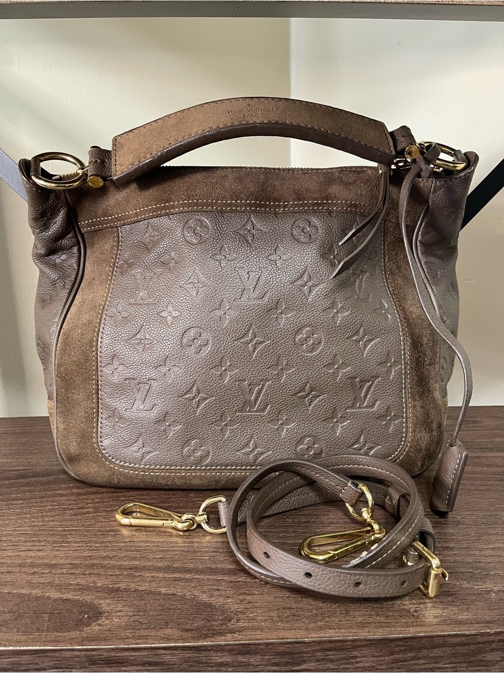 Louis Vuitton Mahina Leather Hobo in brown/taupe with suede trim